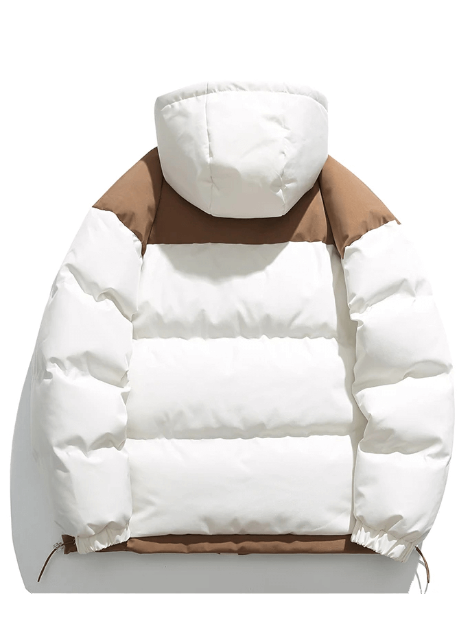 Men's warm hooded puffer jacket SF2117 in white and brown patchwork, featuring a cozy hood and stylish broadcloth fabric.